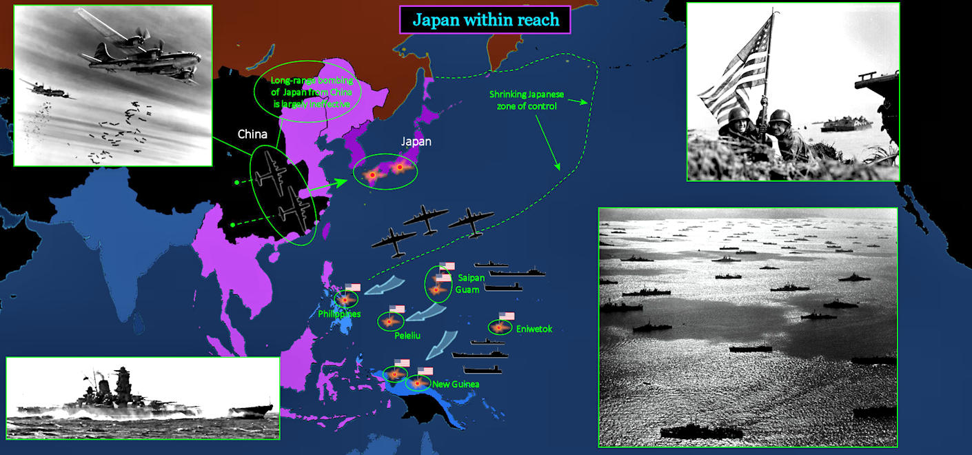 Guam, Philippines, China bombing, 1945 map